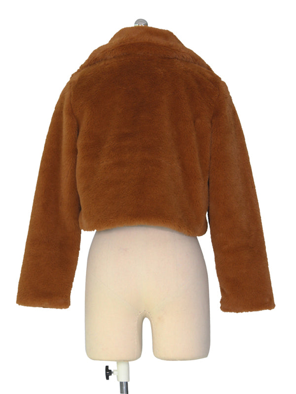 Chaqueta corta con solapa de piel sintética para mujer 