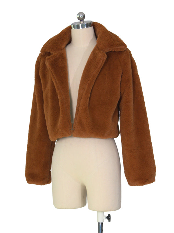 Chaqueta corta con solapa de piel sintética para mujer 