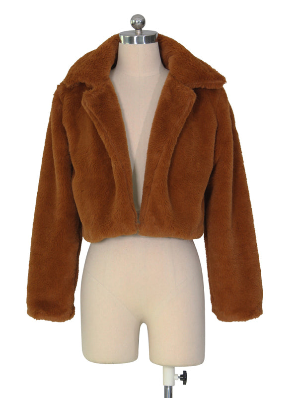 Chaqueta corta con solapa de piel sintética para mujer 