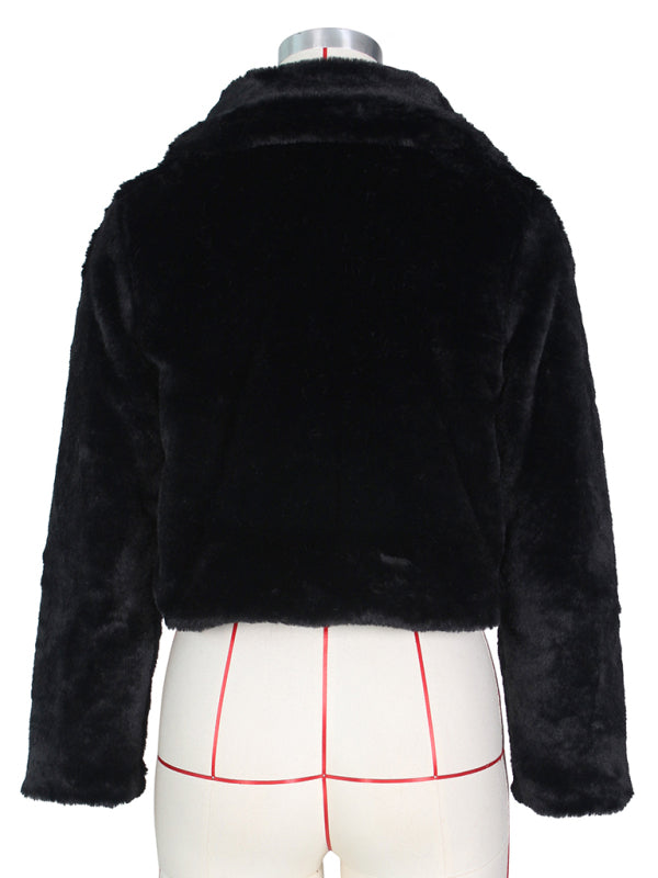Chaqueta corta con solapa de piel sintética para mujer 