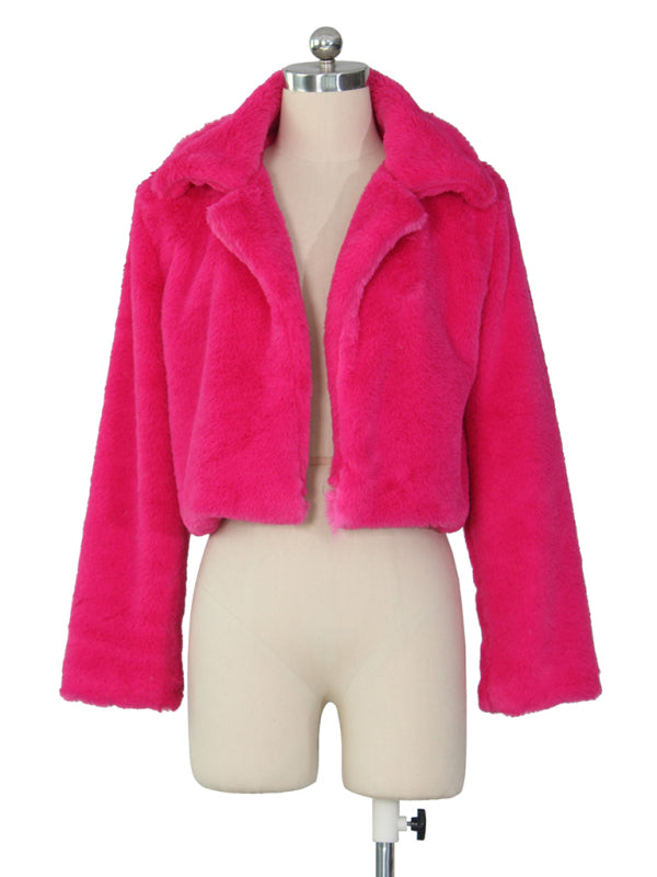 Chaqueta corta con solapa de piel sintética para mujer 
