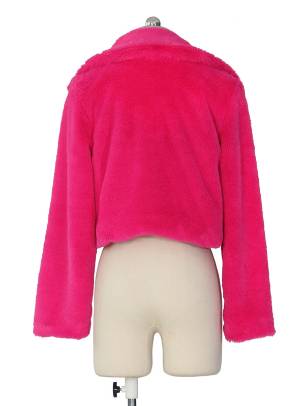 Chaqueta corta con solapa de piel sintética para mujer 