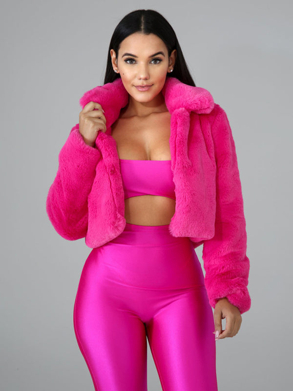 Chaqueta corta con solapa de piel sintética para mujer 