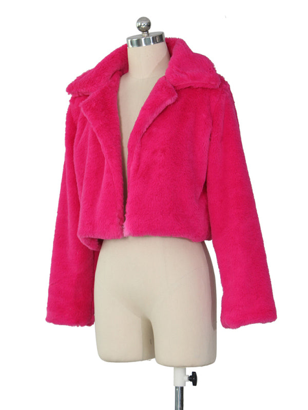 Chaqueta corta con solapa de piel sintética para mujer 