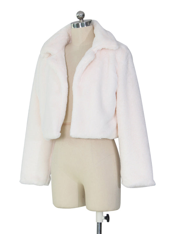 Chaqueta corta con solapa de piel sintética para mujer 