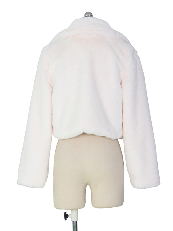 Chaqueta corta con solapa de piel sintética para mujer 