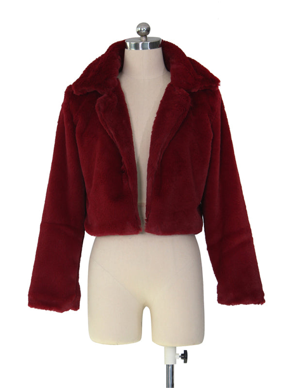 Chaqueta corta con solapa de piel sintética para mujer 