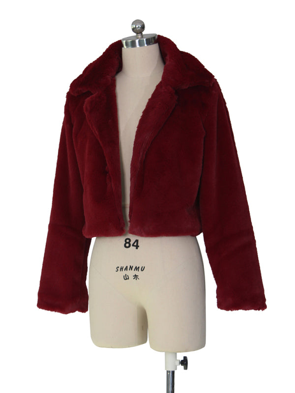 Chaqueta corta con solapa de piel sintética para mujer 
