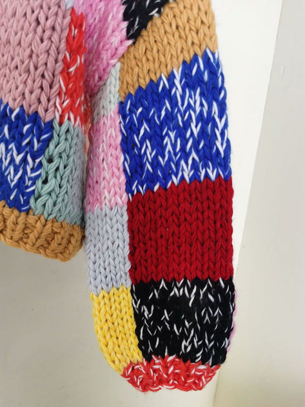 Nuevo suéter tipo cárdigan versátil, pesado, hecho a mano, con cuadros de arcoíris y colores contrastantes de estilo retro 