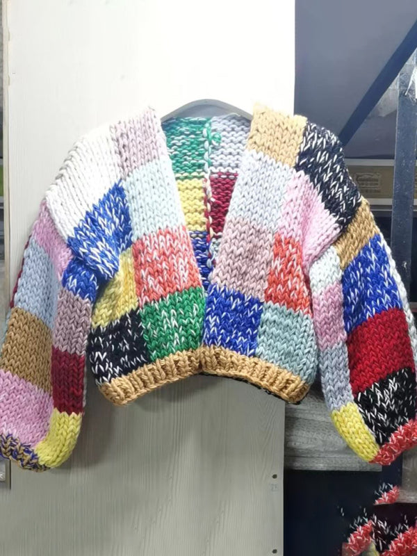 Nuevo suéter tipo cárdigan versátil, pesado, hecho a mano, con cuadros de arcoíris y colores contrastantes de estilo retro 