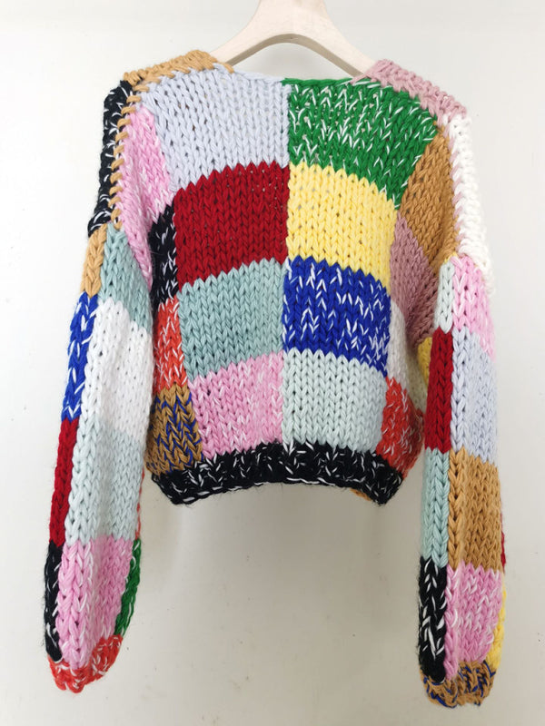Nuevo suéter tipo cárdigan versátil, pesado, hecho a mano, con cuadros de arcoíris y colores contrastantes de estilo retro 
