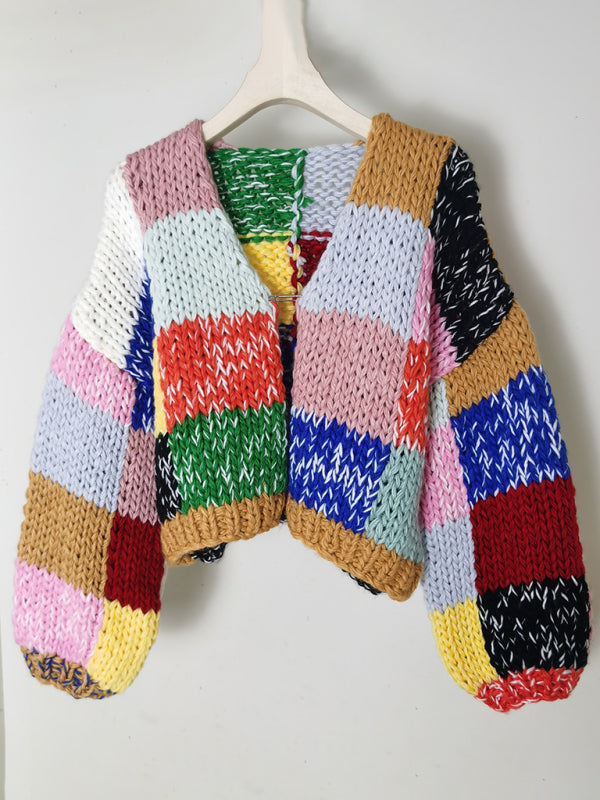 Nuevo suéter tipo cárdigan versátil, pesado, hecho a mano, con cuadros de arcoíris y colores contrastantes de estilo retro 
