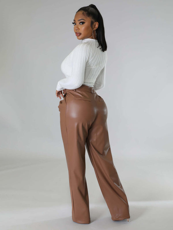 PU women's loose wide-leg pocket casual leather pants