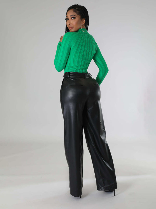 PU women's loose wide-leg pocket casual leather pants
