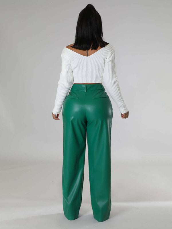 PU women's loose wide-leg pocket casual leather pants