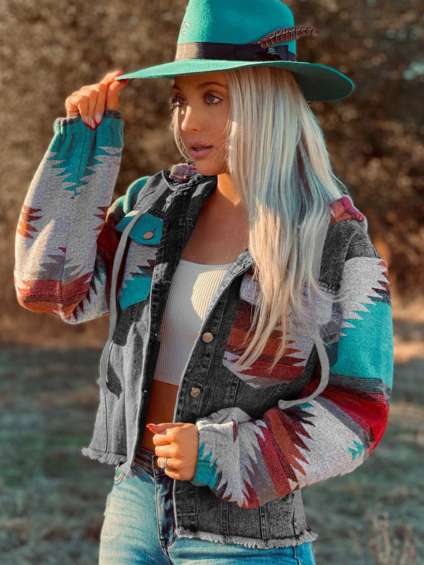 Chaqueta vaquera con capucha y parches de estilo occidental para mujer 