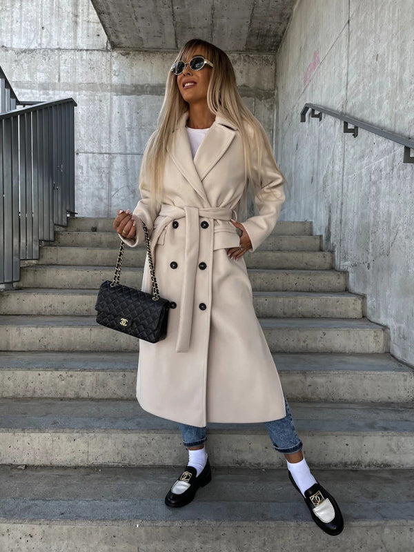 Nueva chaqueta de lana con abertura y botones de solapa de manga larga sencilla para otoño e invierno para mujer 