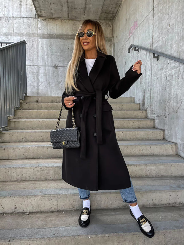 Nueva chaqueta de lana con abertura y botones de solapa de manga larga sencilla para otoño e invierno para mujer 