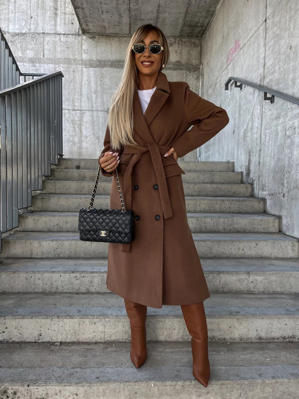Nueva chaqueta de lana con abertura y botones de solapa de manga larga sencilla para otoño e invierno para mujer 