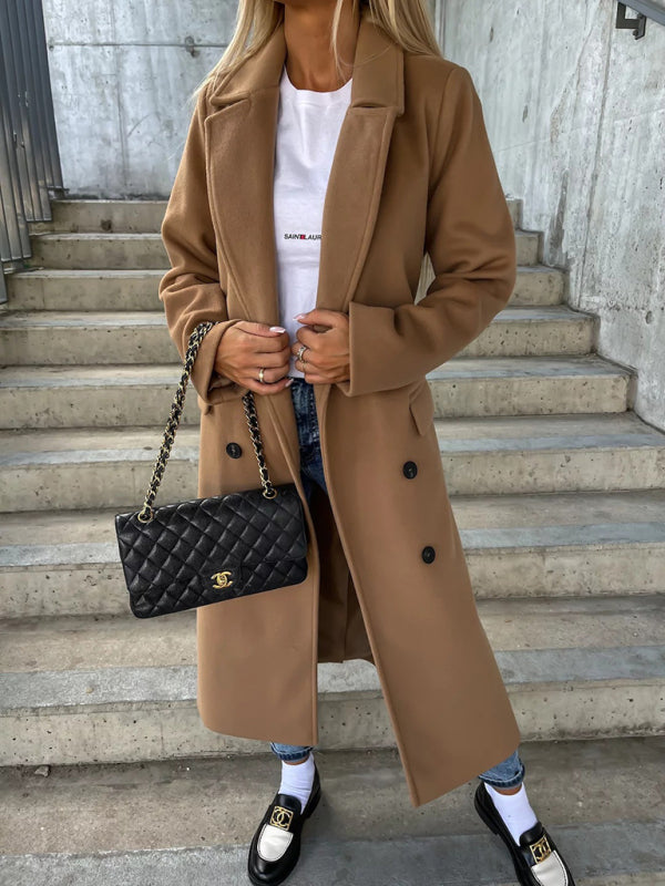 Nueva chaqueta de lana con abertura y botones de solapa de manga larga sencilla para otoño e invierno para mujer 