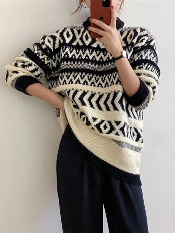 Suéter de cuello redondo con estampado geométrico para mujer 