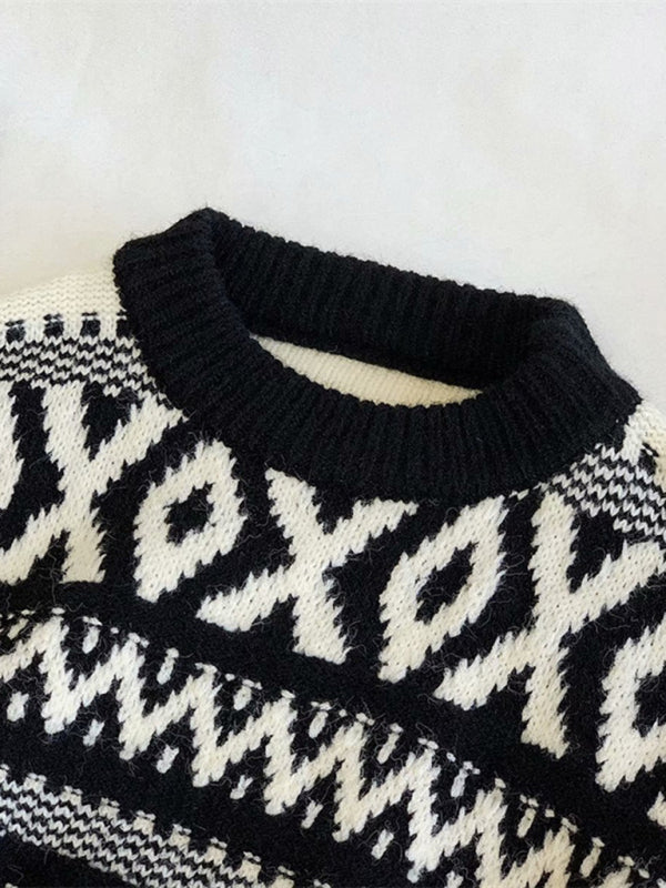 Women's geometric pattern round neck pullover sweater