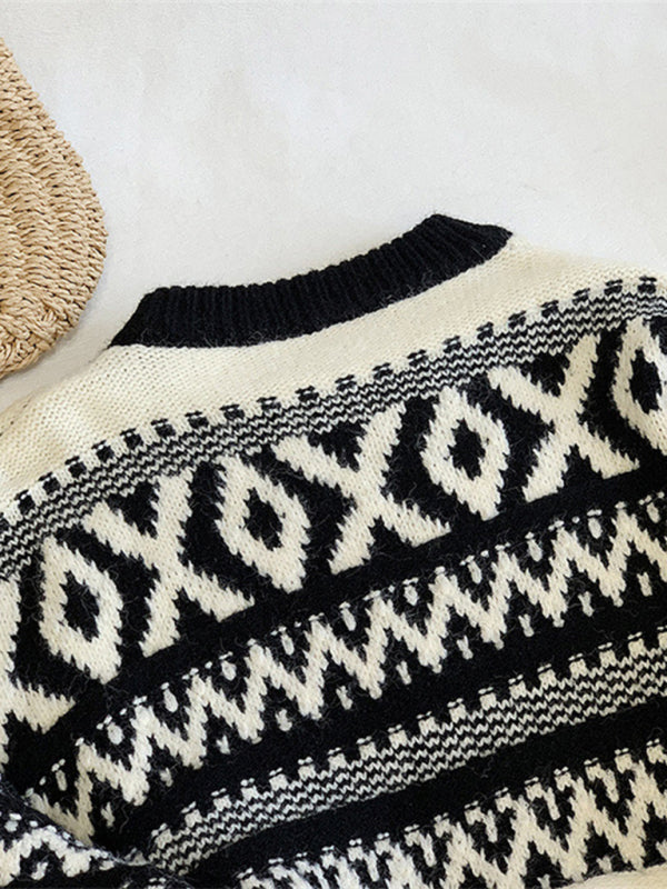 Women's geometric pattern round neck pullover sweater