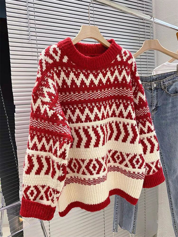 Women's geometric pattern round neck pullover sweater