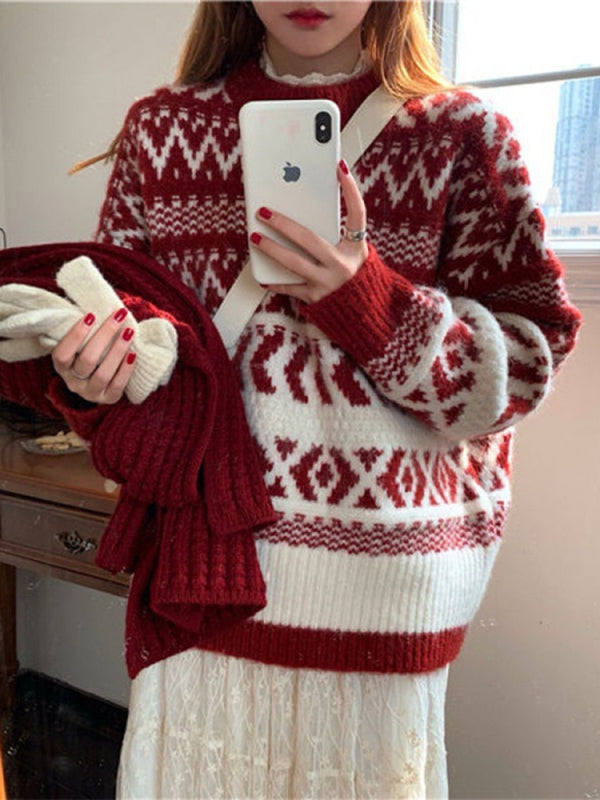 Women's geometric pattern round neck pullover sweater