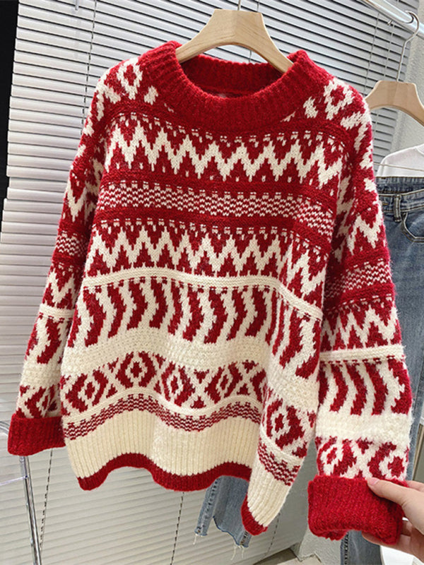 Women's geometric pattern round neck pullover sweater
