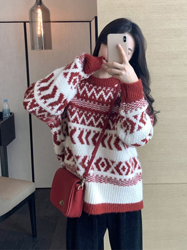 Women's geometric pattern round neck pullover sweater