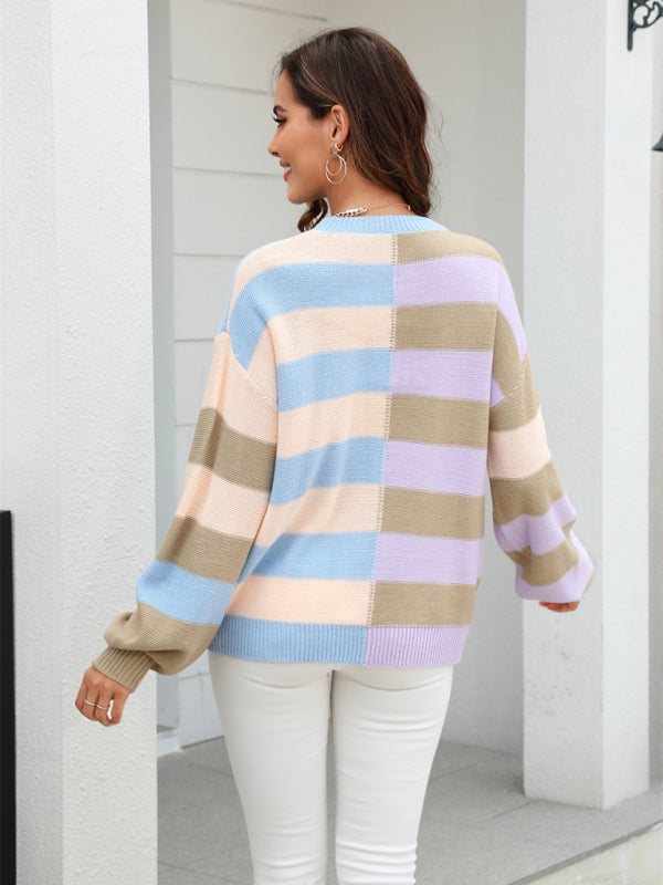 Suéter de mujer con cuello redondo en contraste y rayas de patchwork 