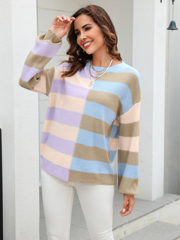 Suéter de mujer con cuello redondo en contraste y rayas de patchwork 