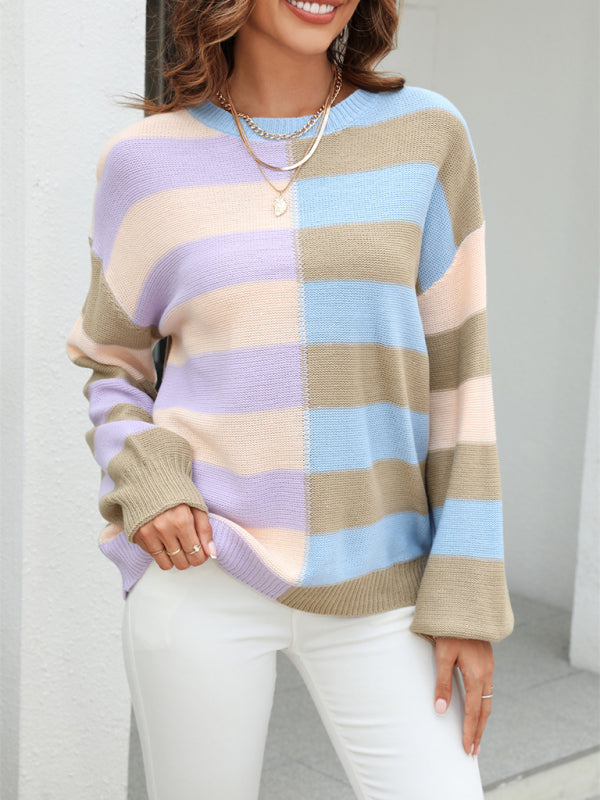 Suéter de mujer con cuello redondo en contraste y rayas de patchwork 