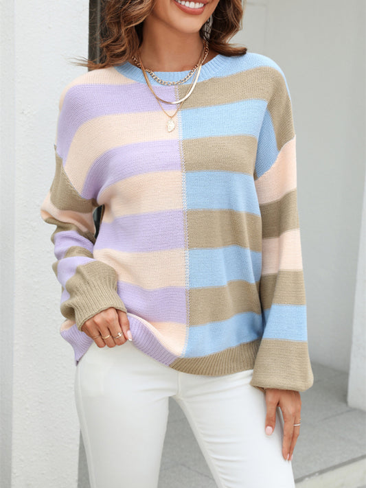 Women's patchwork striped contrasting crew neck sweater pullover