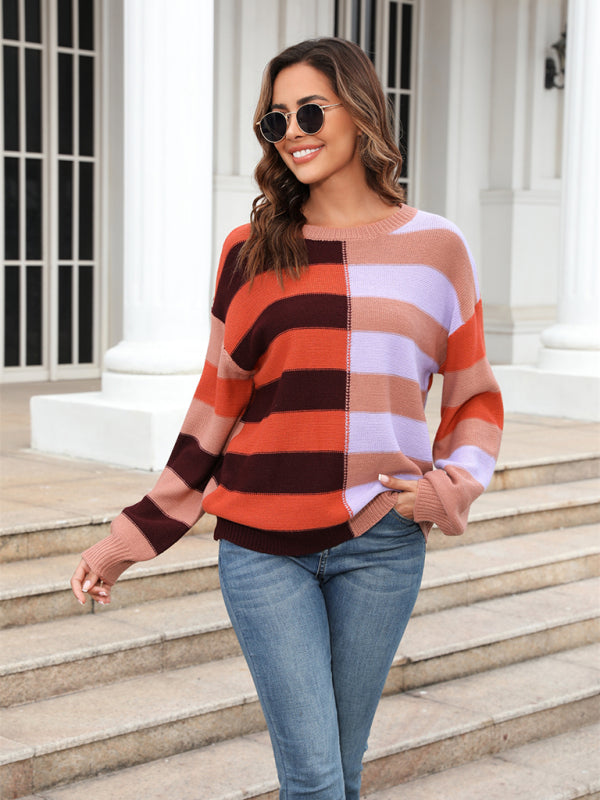 Suéter de mujer con cuello redondo en contraste y rayas de patchwork 