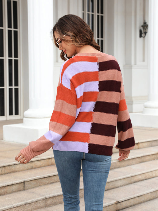 Suéter de mujer con cuello redondo en contraste y rayas de patchwork 