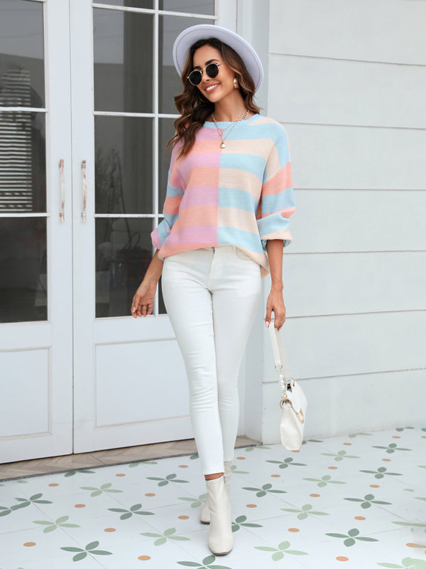 Suéter de mujer con cuello redondo en contraste y rayas de patchwork 