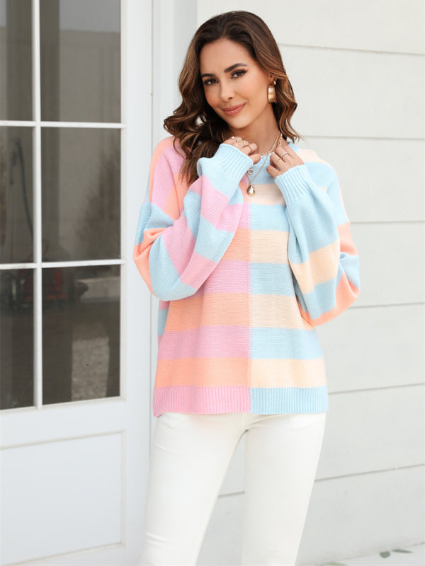 Suéter de mujer con cuello redondo en contraste y rayas de patchwork 