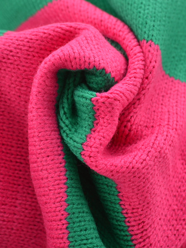 Suéter de punto casual con cuello redondo y rayas de patchwork para mujer 