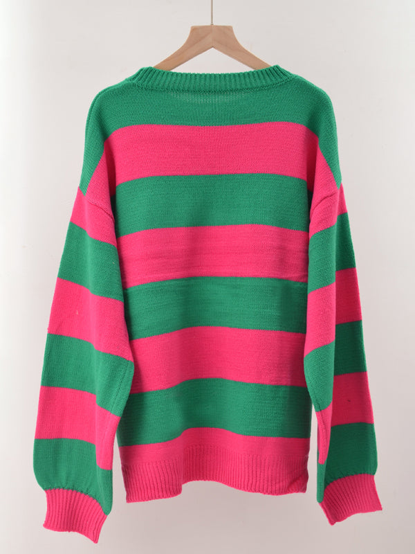 Suéter de punto casual con cuello redondo y rayas de patchwork para mujer 