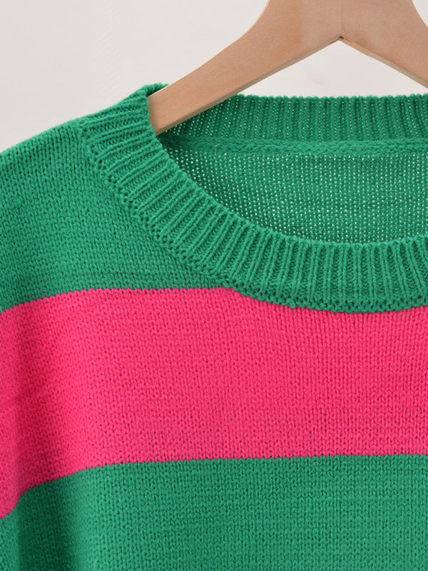 Suéter de punto casual con cuello redondo y rayas de patchwork para mujer 