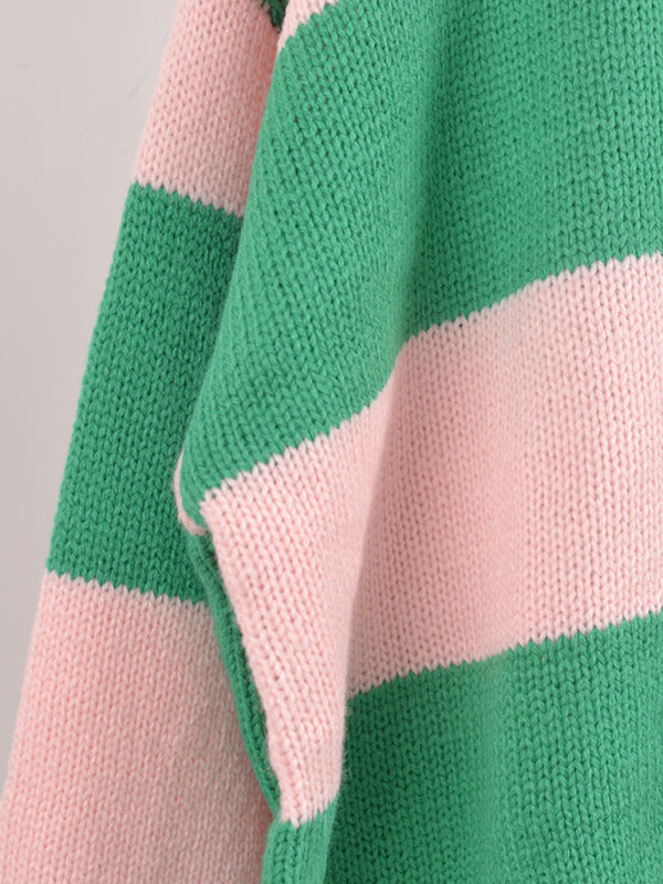 Suéter de punto casual con cuello redondo y rayas de patchwork para mujer 