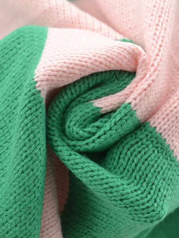 Suéter de punto casual con cuello redondo y rayas de patchwork para mujer 