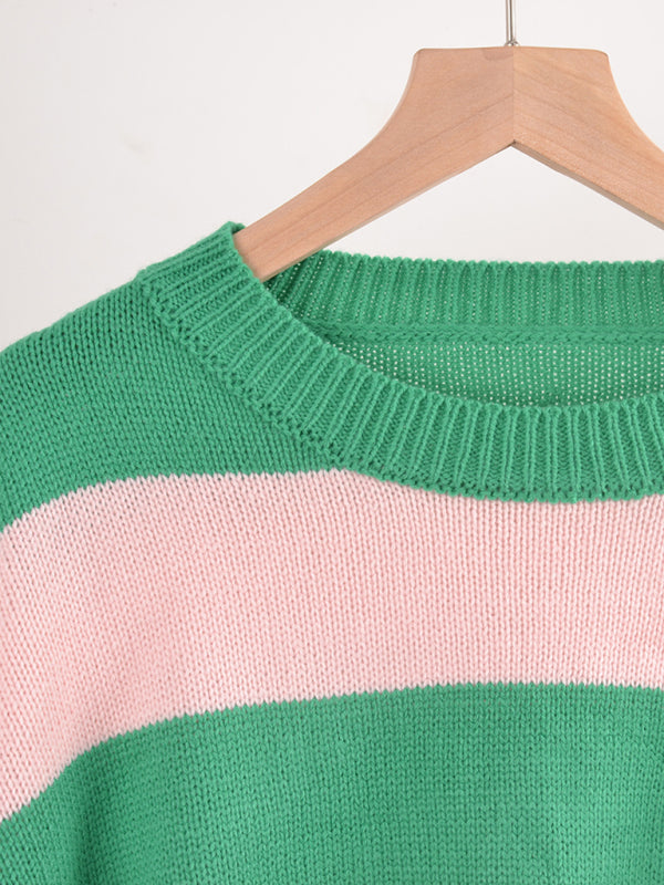 Suéter de punto casual con cuello redondo y rayas de patchwork para mujer 