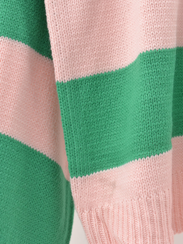 Suéter de punto casual con cuello redondo y rayas de patchwork para mujer 