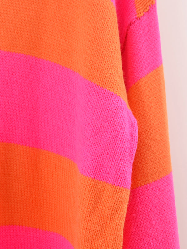 Suéter de punto casual con cuello redondo y rayas de patchwork para mujer 