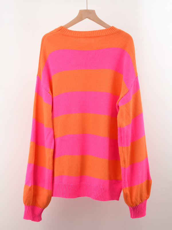 Suéter de punto casual con cuello redondo y rayas de patchwork para mujer 