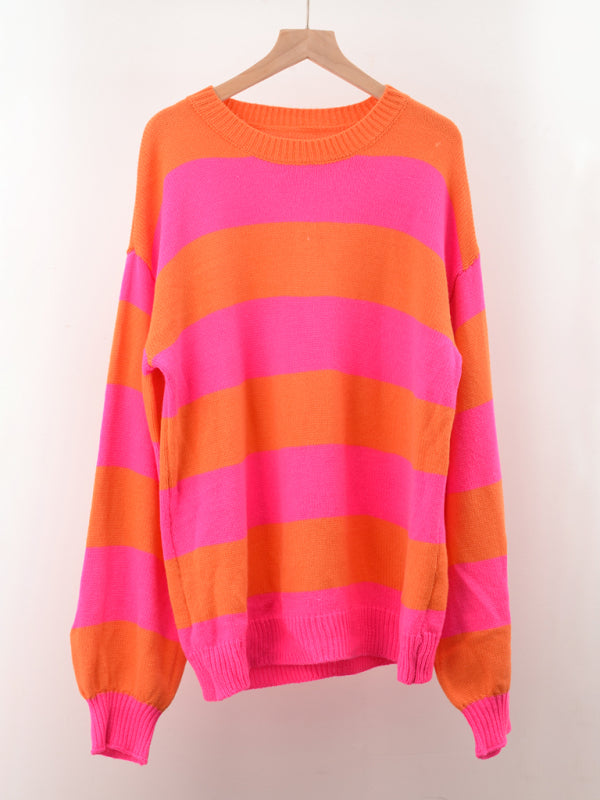 Suéter de punto casual con cuello redondo y rayas de patchwork para mujer 