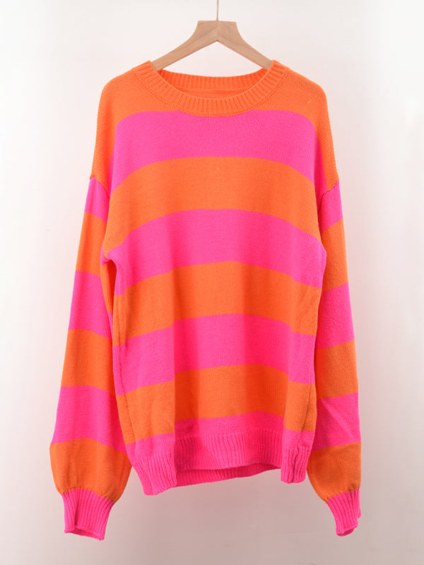 Women's patchwork striped round neck casual knitted sweater